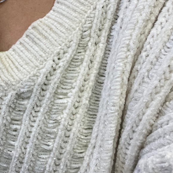 Oversized Cropped Ivory Crochet Knit Sweater Plush Top Off Shoulder Kawaii Comfy - Picture 7 of 9